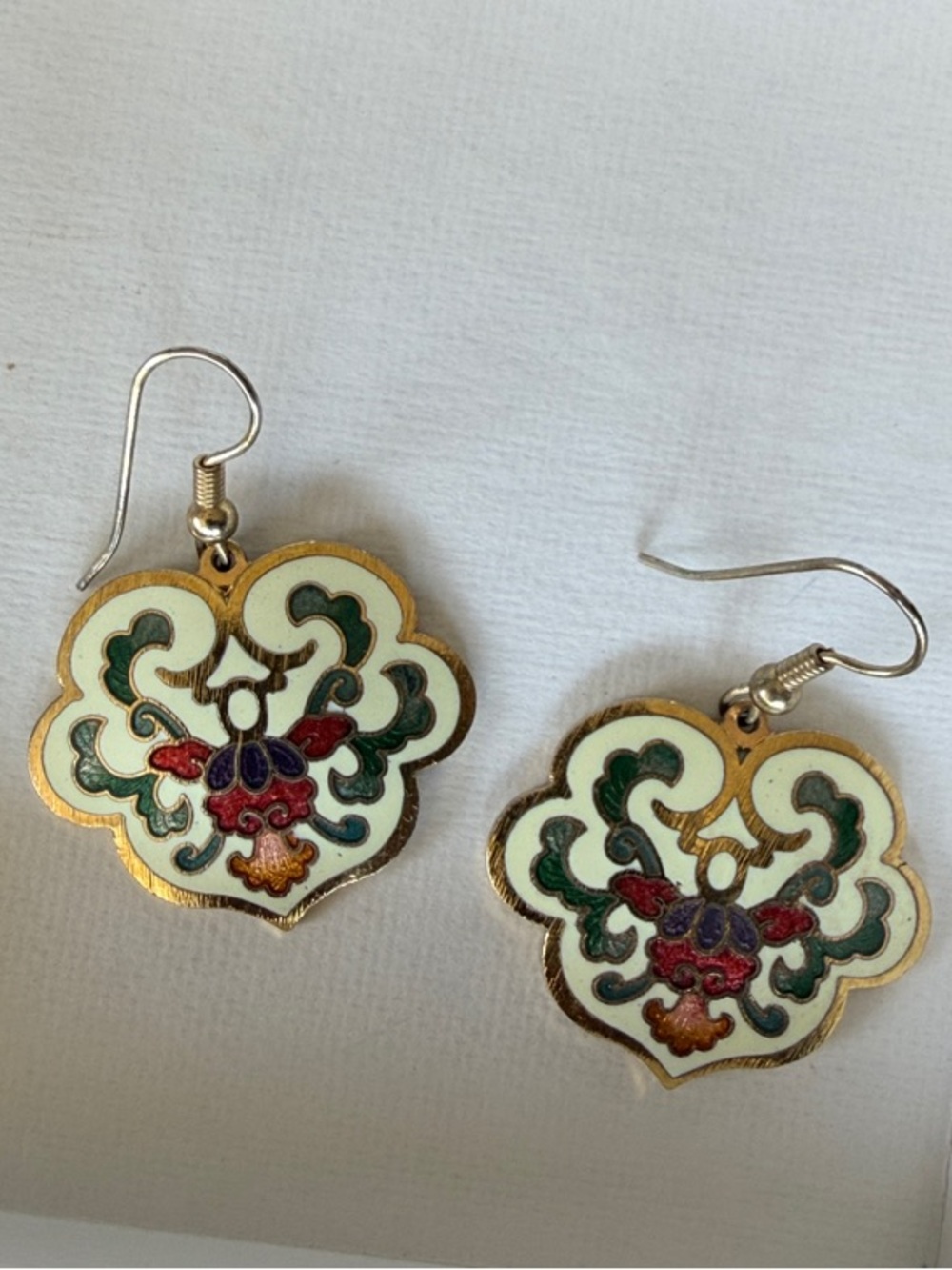 Gold-Tone Floral Cloisonné Drop Earrings in Green and Red